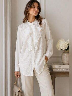 Simon Chang Ivory Floral Jacquard Bow Blouse Tunic Size 12